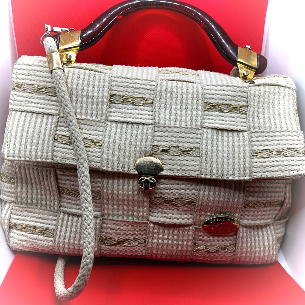 Gold Italian Clutch HandBag with short-strap. Brown wrist clasp. Creazioni Alma